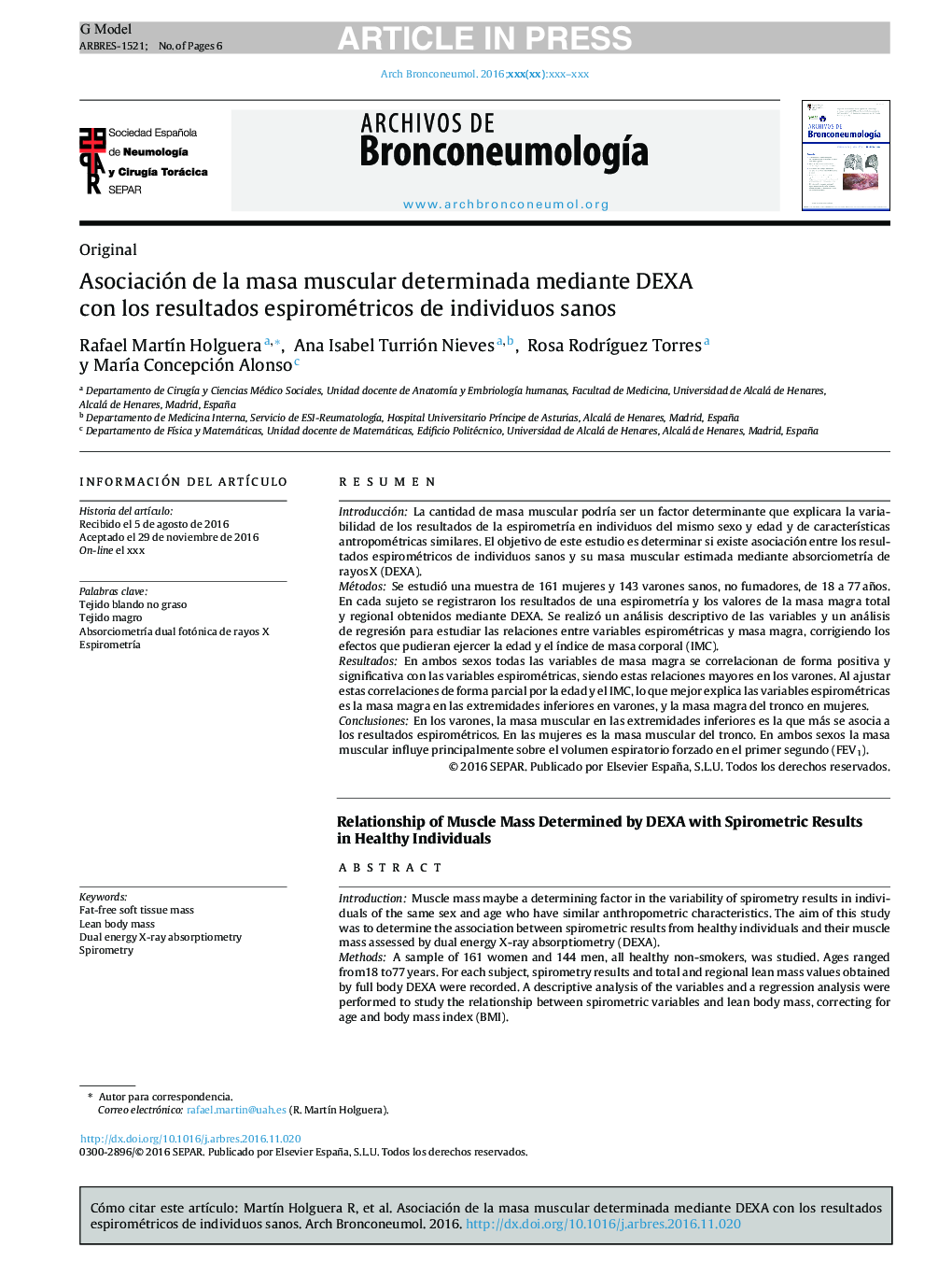 Asociación de la masa muscular determinada mediante DEXA con los resultados espirométricos de individuos sanos