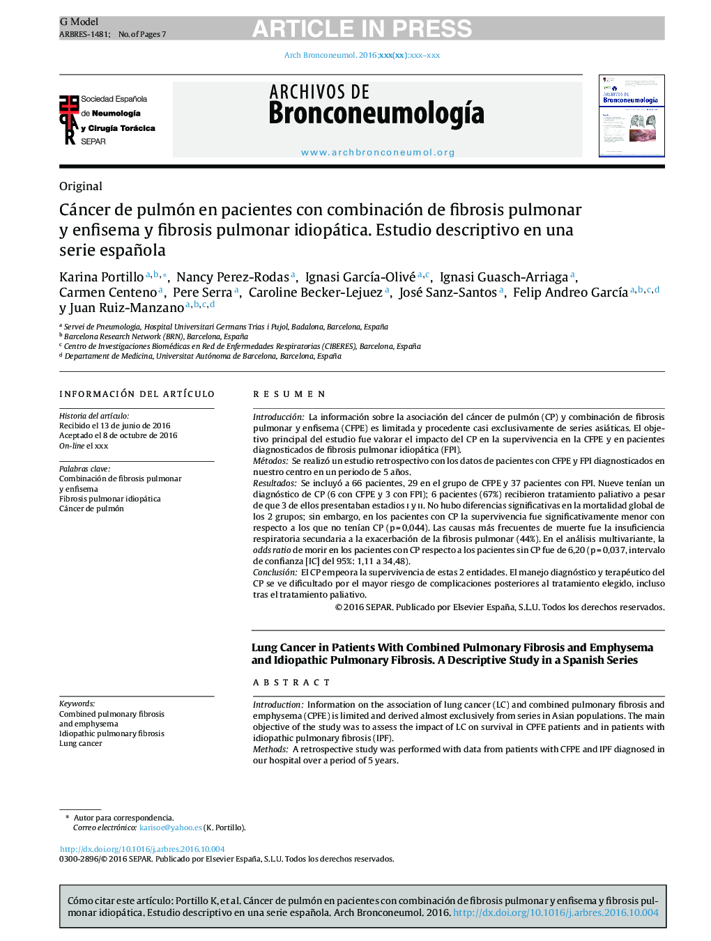 Cáncer de pulmón en pacientes con combinación de fibrosis pulmonar y enfisema y fibrosis pulmonar idiopática. Estudio descriptivo en una serie española