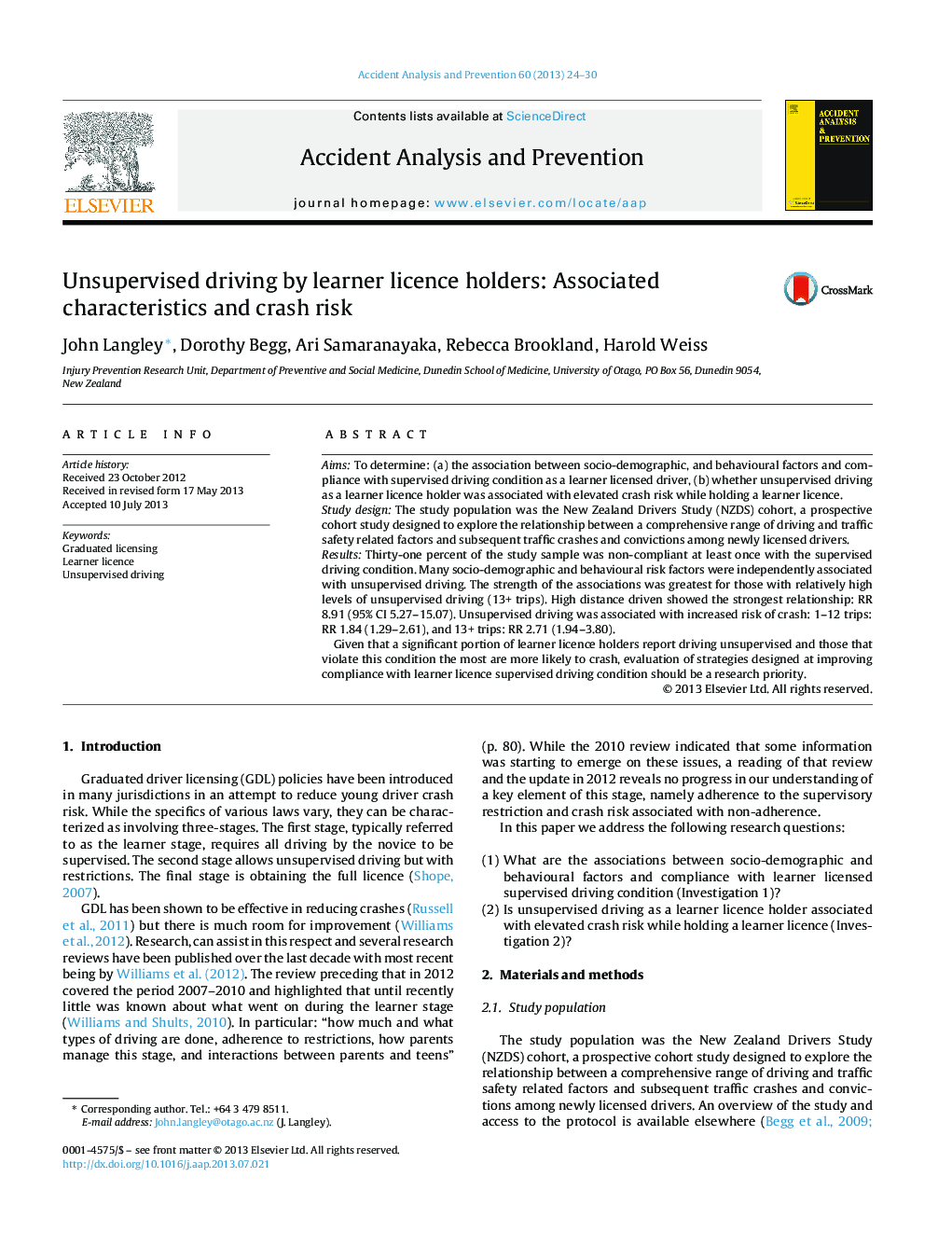 Unsupervised driving by learner licence holders: Associated characteristics and crash risk