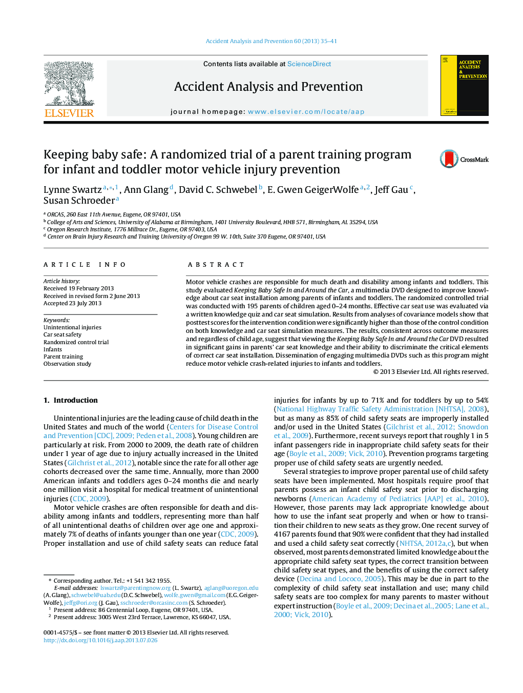 Keeping baby safe: A randomized trial of a parent training program for infant and toddler motor vehicle injury prevention