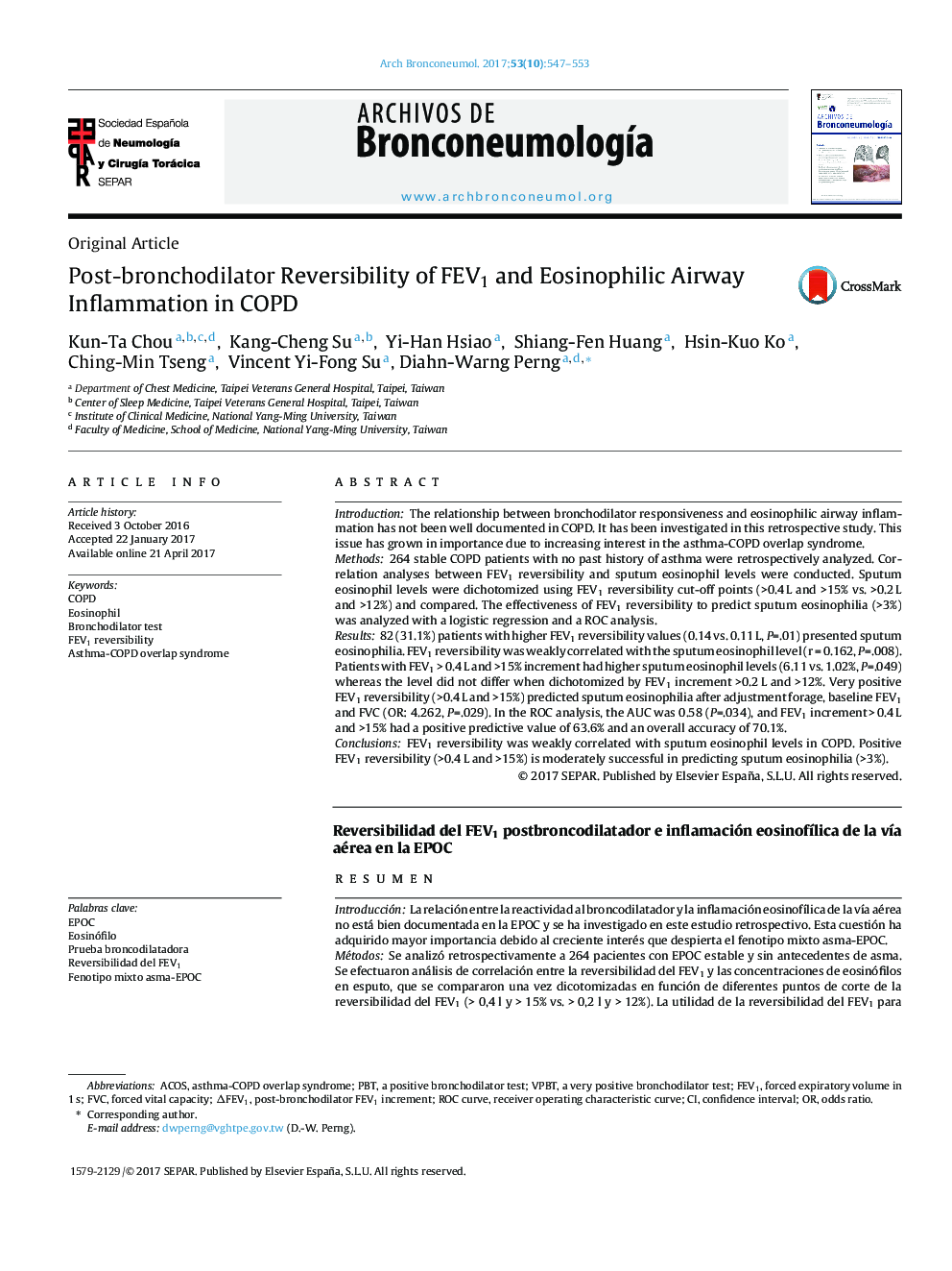 Original ArticlePost-bronchodilator Reversibility of FEV1 and Eosinophilic Airway Inflammation in COPDReversibilidad del FEV1 postbroncodilatador e inflamación eosinofÃ­lica de la vÃ­a aÃ¨c)rea en la EPOC