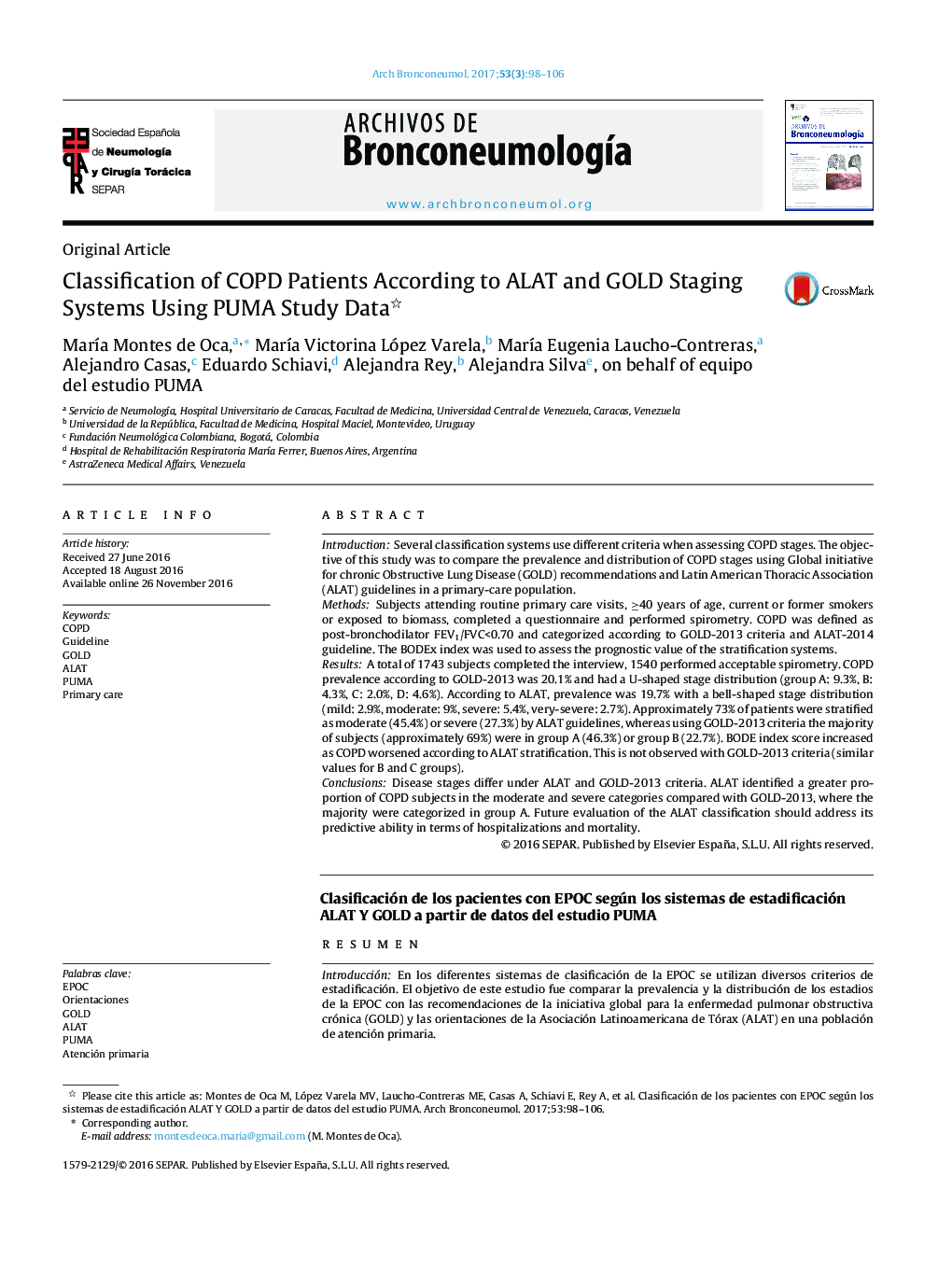 Original ArticleClassification of COPD Patients According to ALAT and GOLD Staging Systems Using PUMA Study DataClasificación de los pacientes con EPOC según los sistemas de estadificación ALAT Y GOLD a partir de datos del estudio PUMA