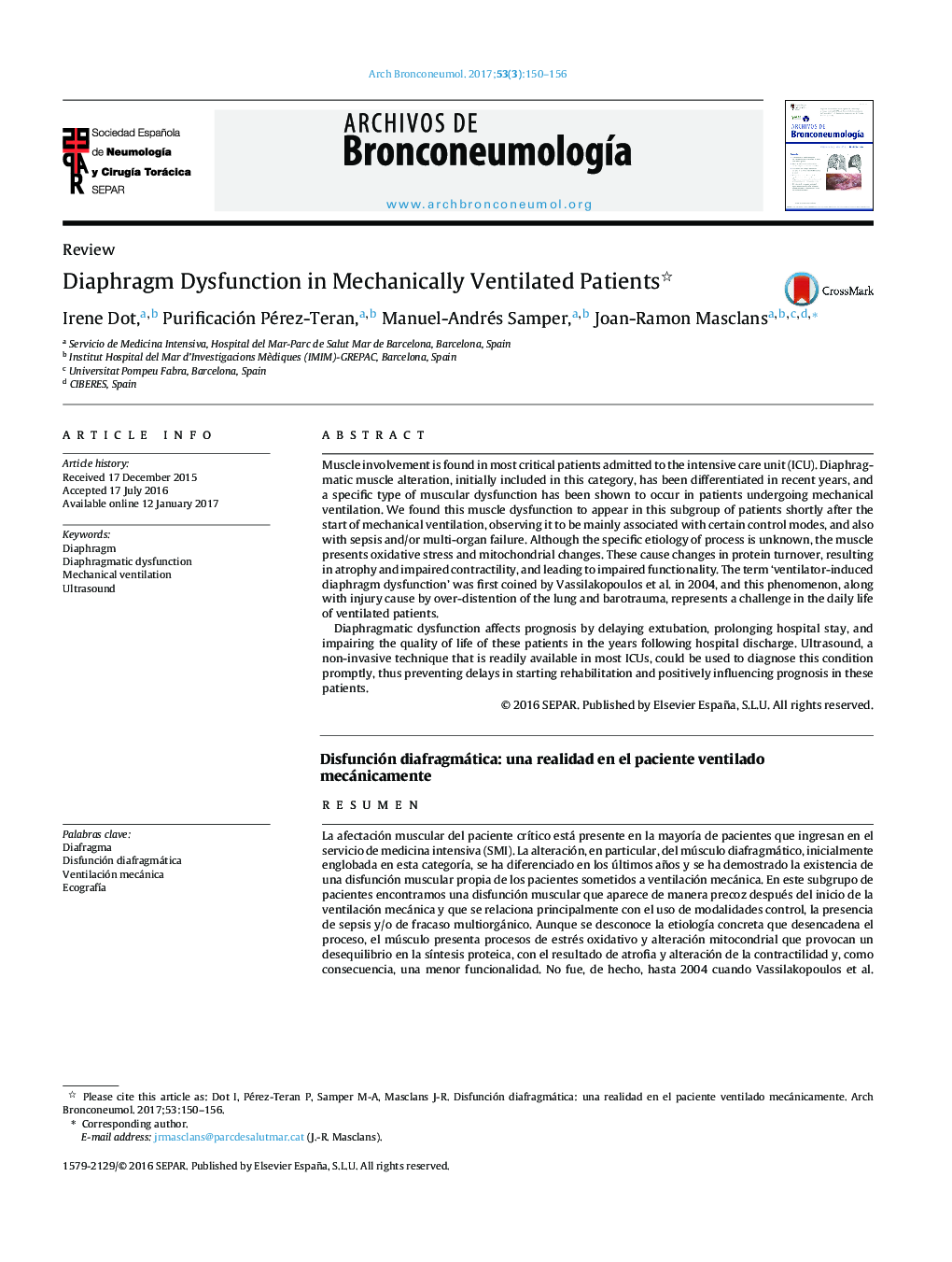 ReviewDiaphragm Dysfunction in Mechanically Ventilated PatientsDisfunción diafragmática: una realidad en el paciente ventilado mecánicamente