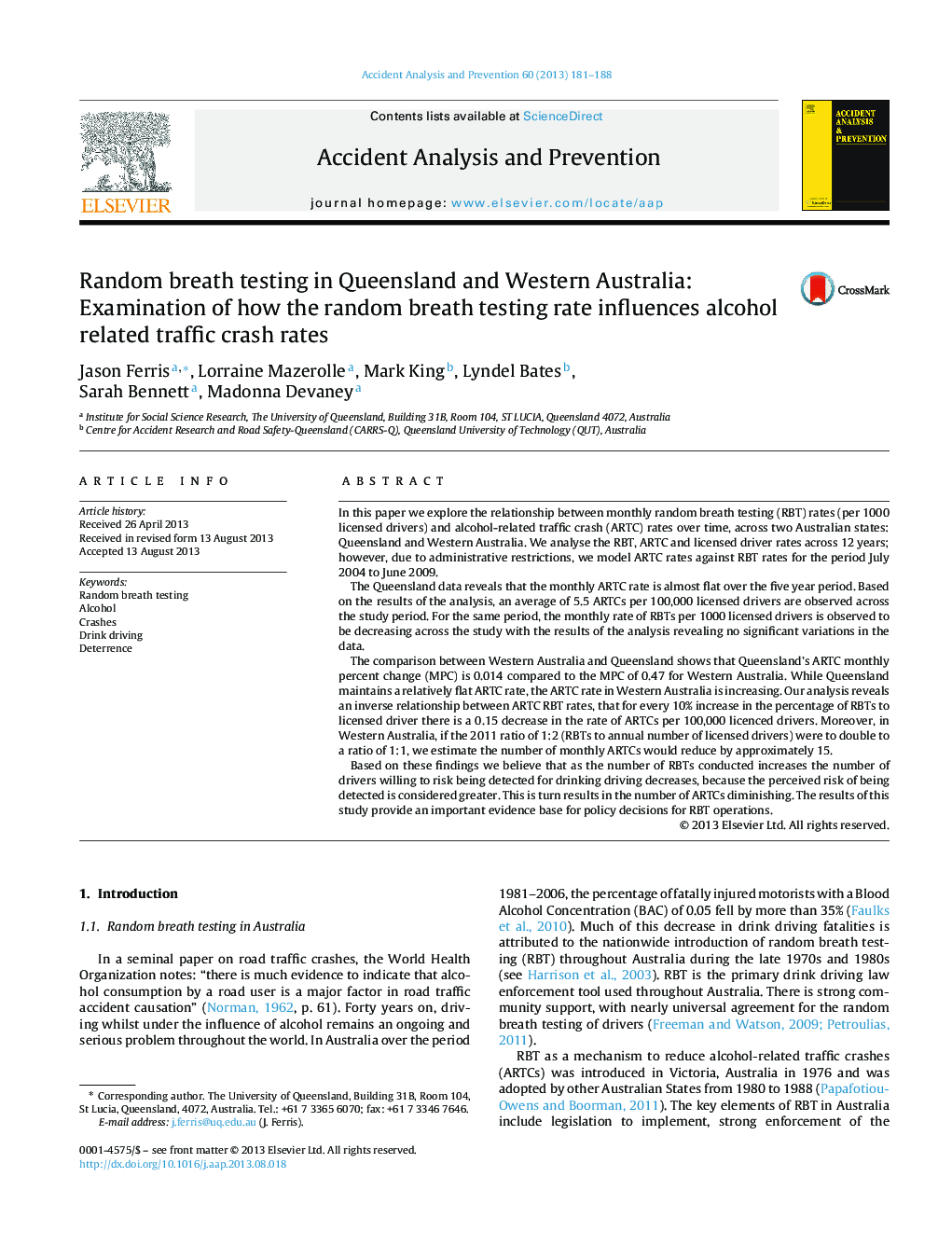 Random breath testing in Queensland and Western Australia: Examination of how the random breath testing rate influences alcohol related traffic crash rates