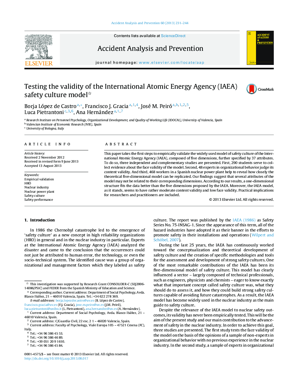 Testing the validity of the International Atomic Energy Agency (IAEA) safety culture model