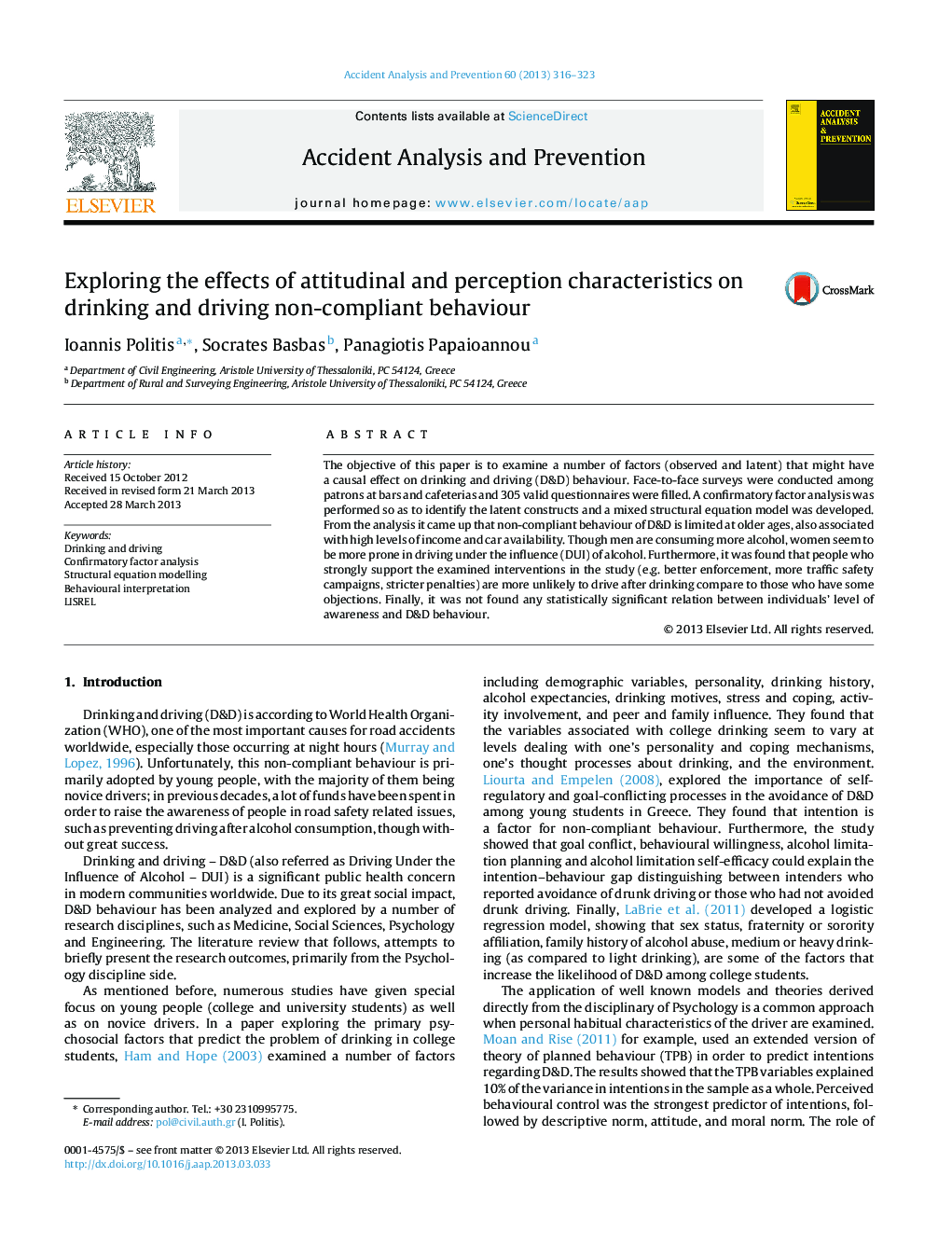 عکس صفحه اول مقاله: Exploring the effects of attitudinal and perception characteristics on drinking and driving non-compliant behaviour Exploring the effects of attitudinal and perception characteristics on drinking and driving non-compliant behaviour