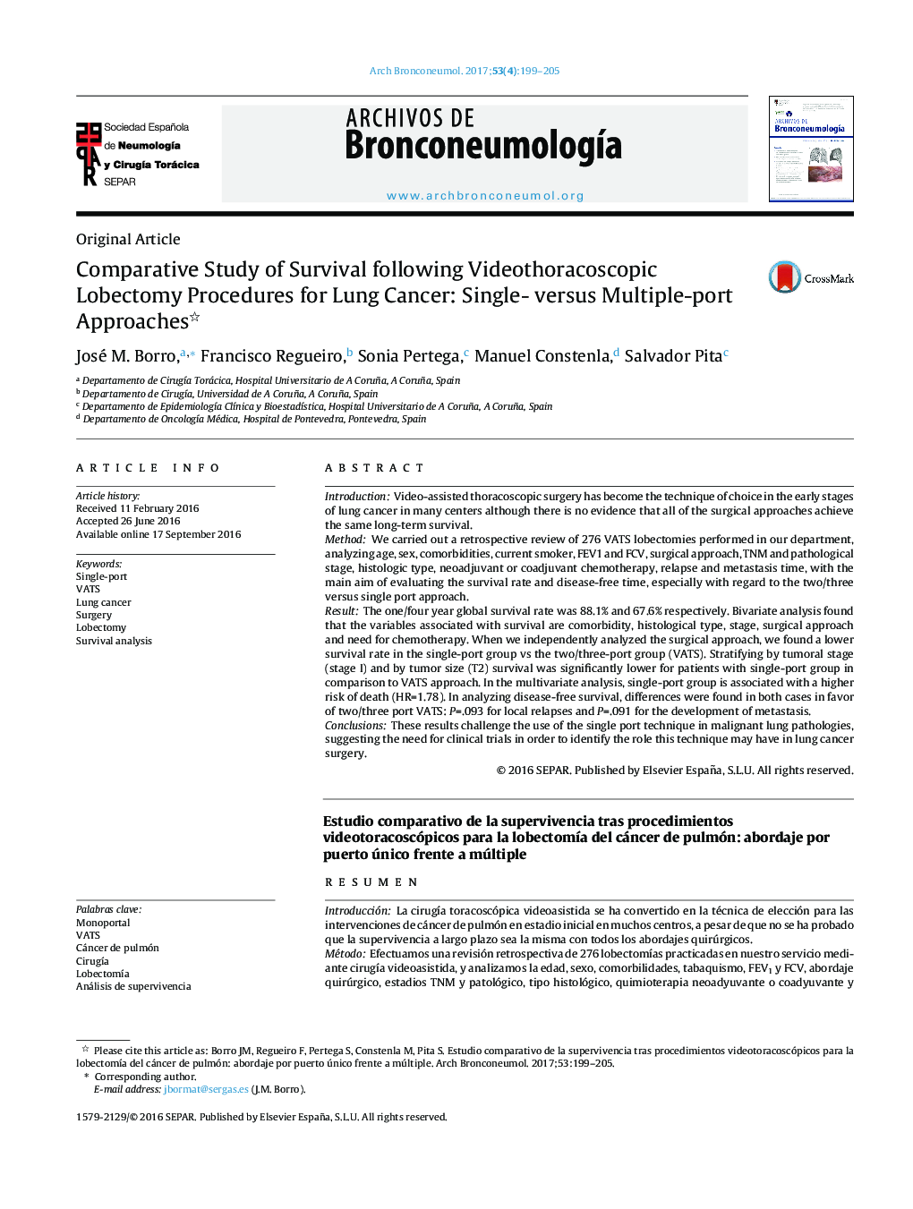 Comparative Study of Survival following Videothoracoscopic Lobectomy Procedures for Lung Cancer: Single- versus Multiple-port Approaches