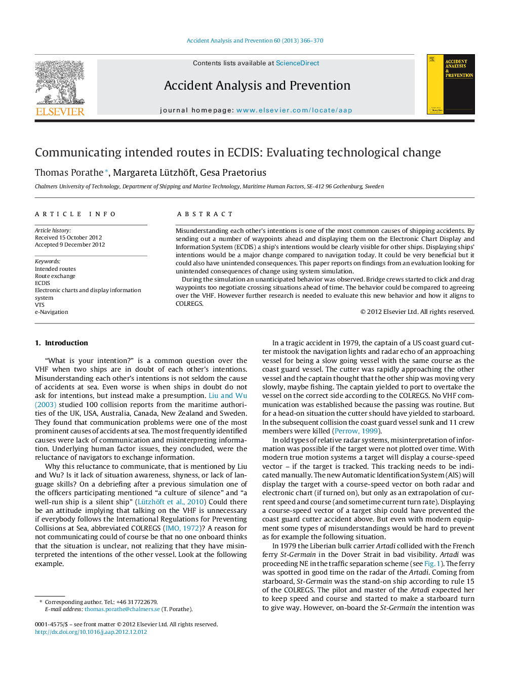 Communicating intended routes in ECDIS: Evaluating technological change