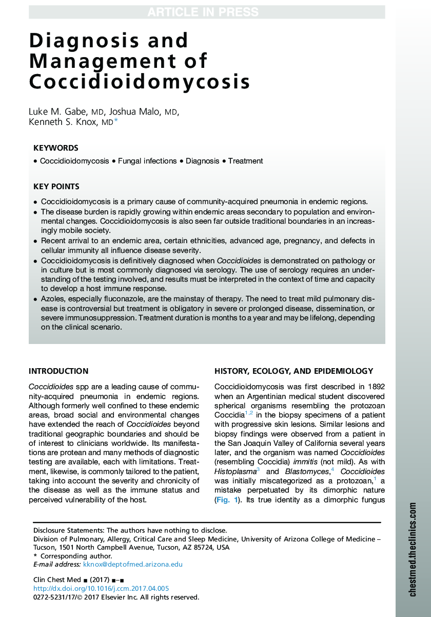 Diagnosis and Management of Coccidioidomycosis