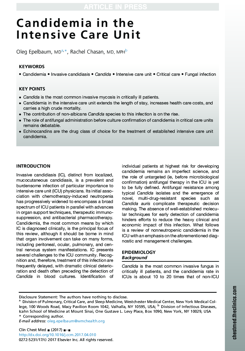 Candidemia in the Intensive Care Unit