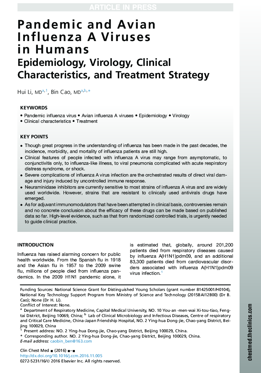 Pandemic and Avian Influenza A Viruses in Humans