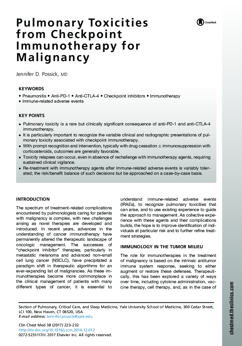 Pulmonary Toxicities from Checkpoint Immunotherapy for Malignancy