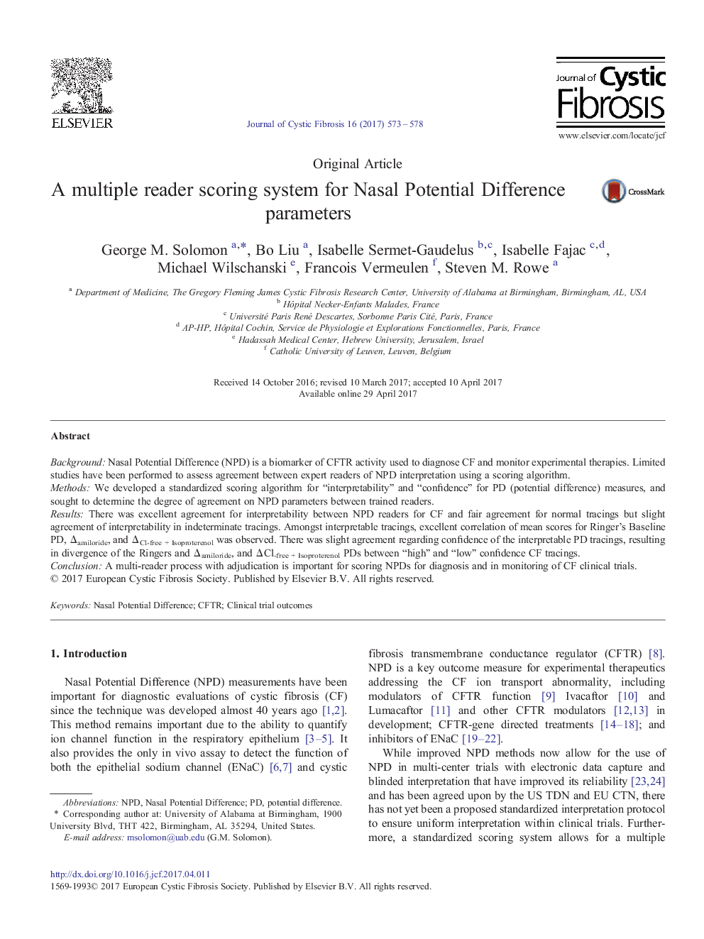 Original ArticleA multiple reader scoring system for Nasal Potential Difference parameters