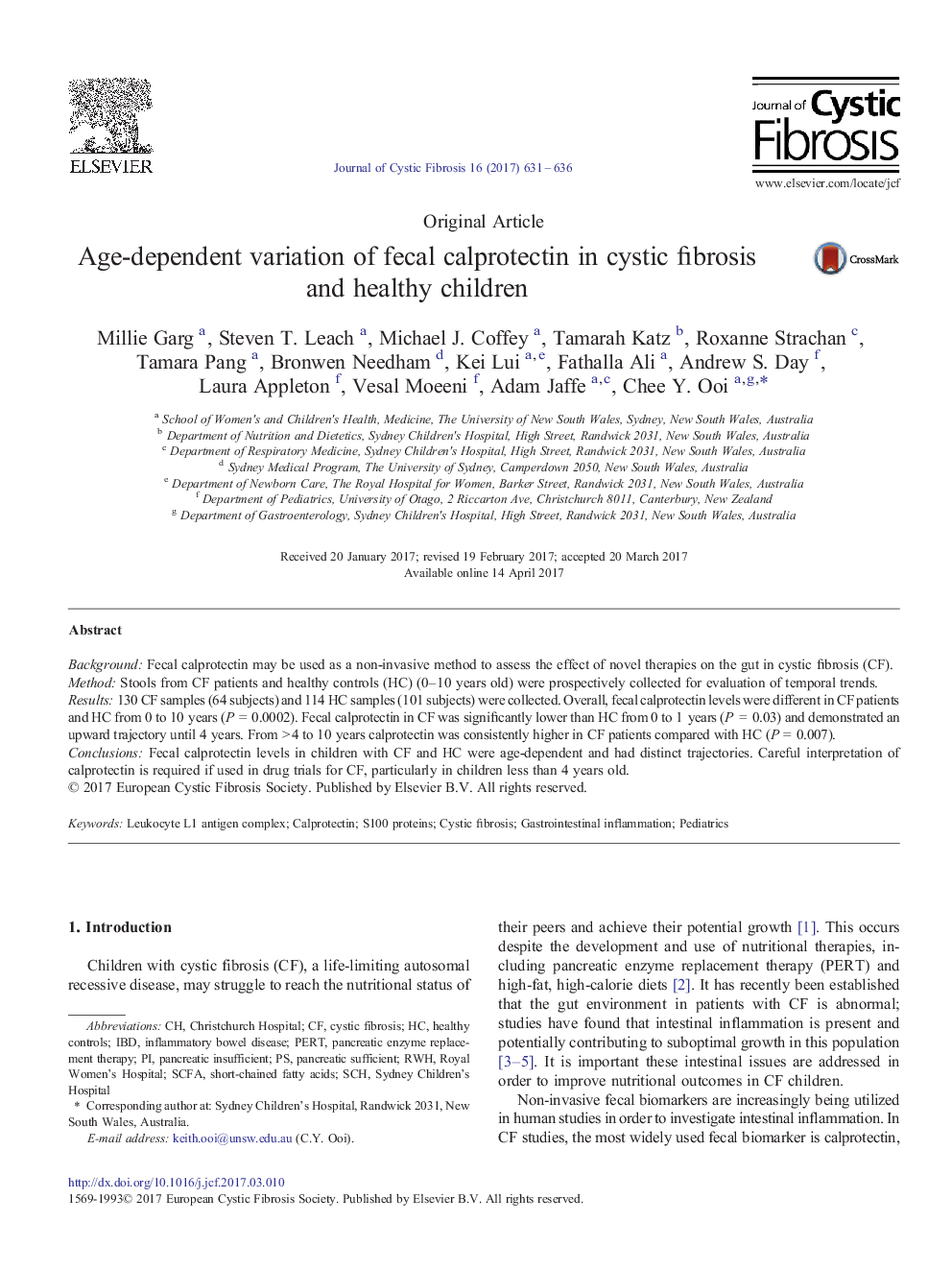 Original ArticleAge-dependent variation of fecal calprotectin in cystic fibrosis and healthy children