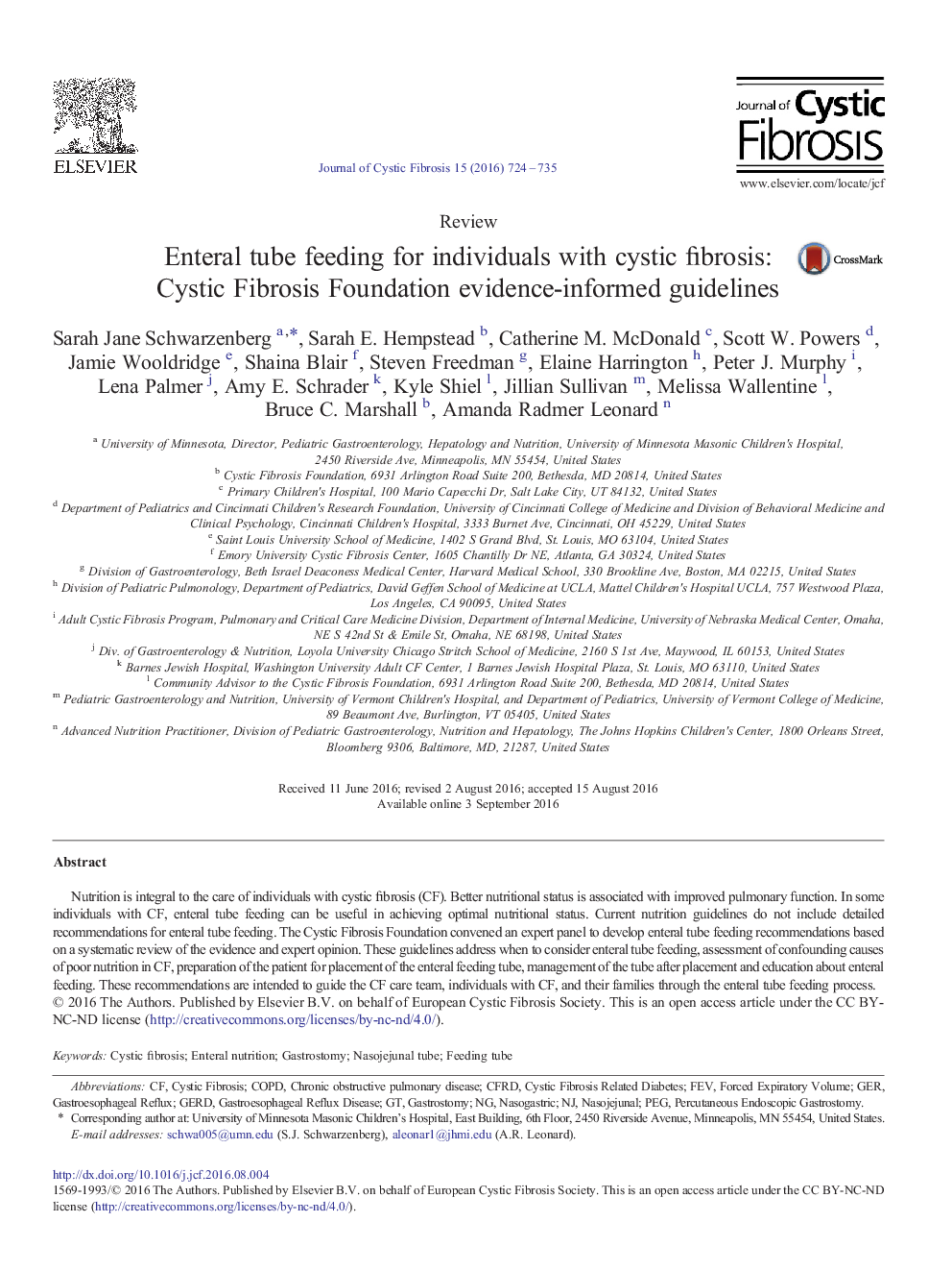 ReviewEnteral tube feeding for individuals with cystic fibrosis: Cystic Fibrosis Foundation evidence-informed guidelines