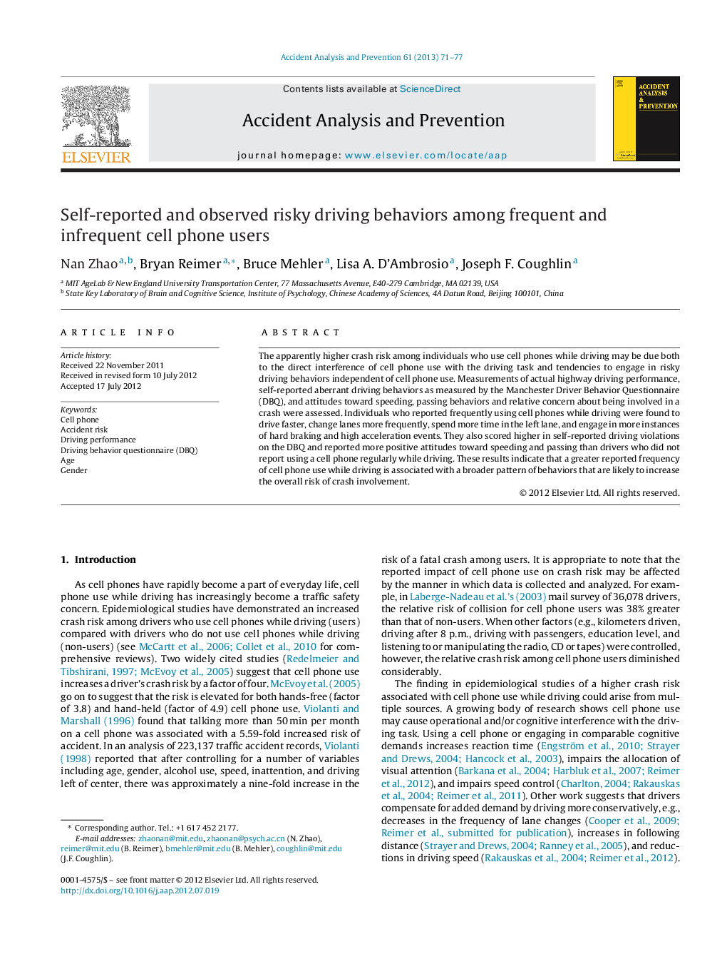 Self-reported and observed risky driving behaviors among frequent and infrequent cell phone users