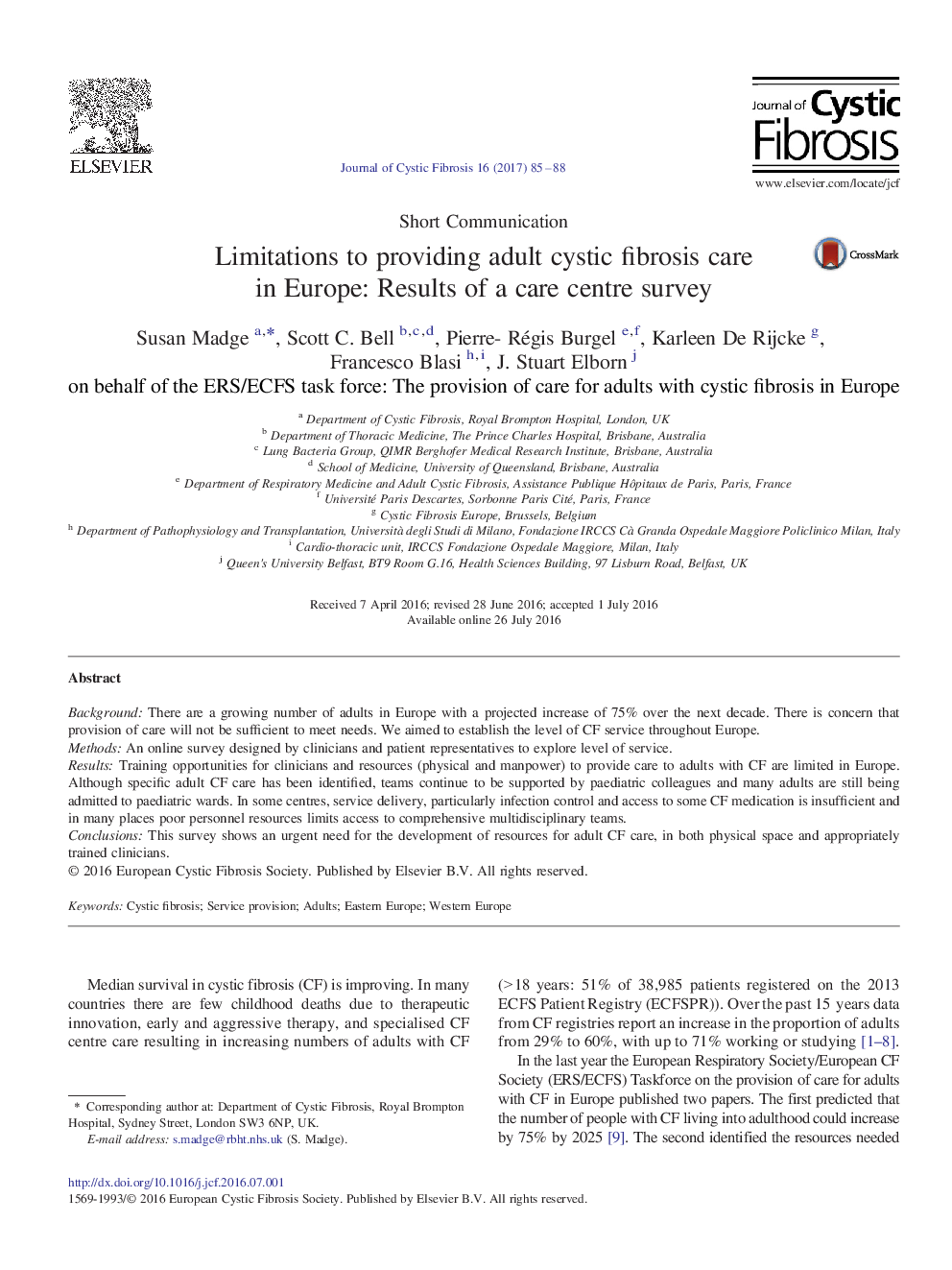 Short CommunicationLimitations to providing adult cystic fibrosis care in Europe: Results of a care centre survey