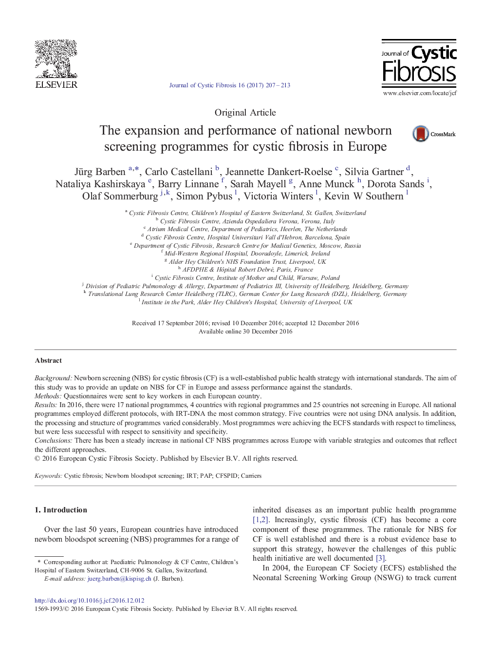 Original ArticleThe expansion and performance of national newborn screening programmes for cystic fibrosis in Europe