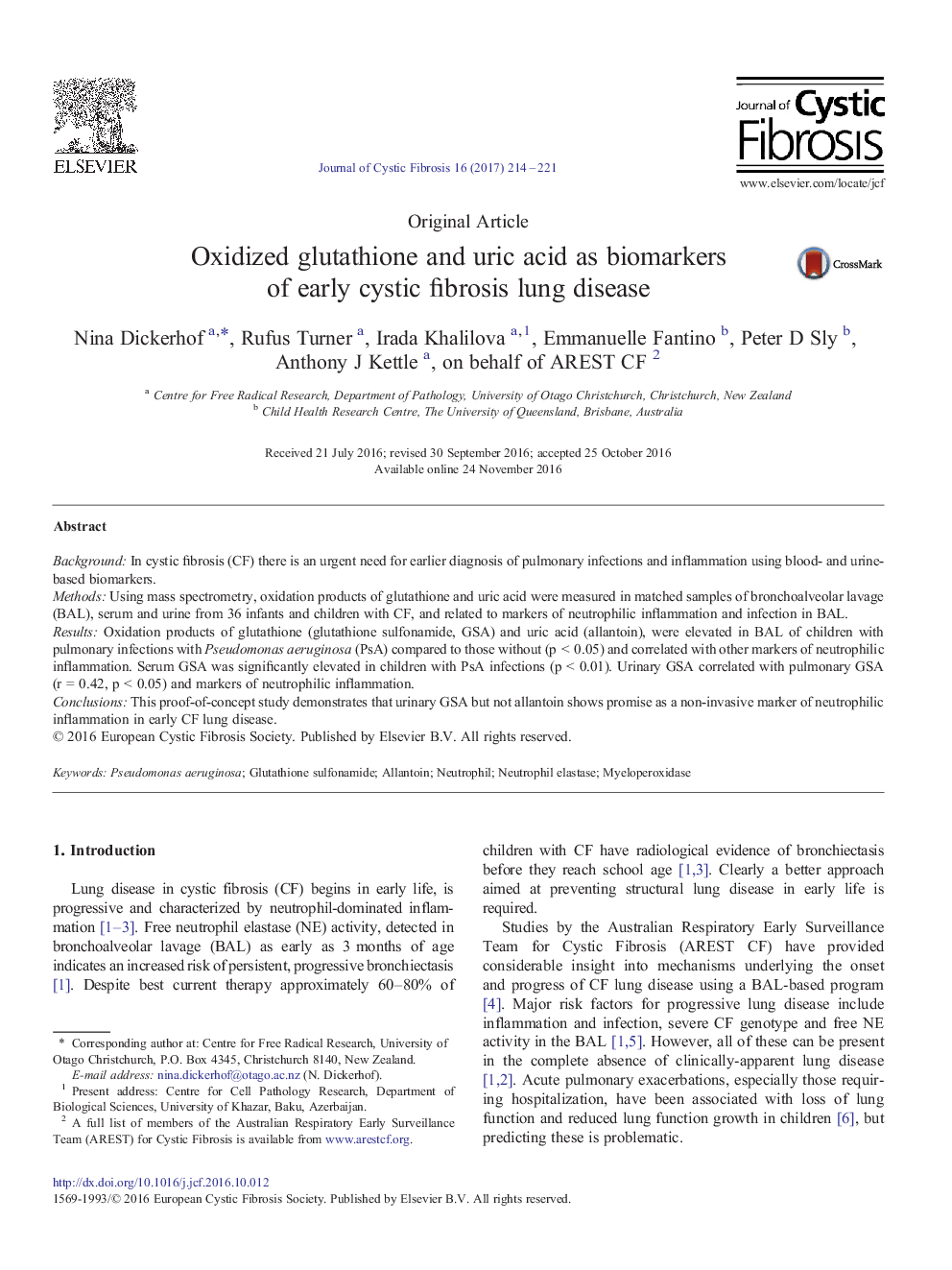 Original ArticleOxidized glutathione and uric acid as biomarkers of early cystic fibrosis lung disease