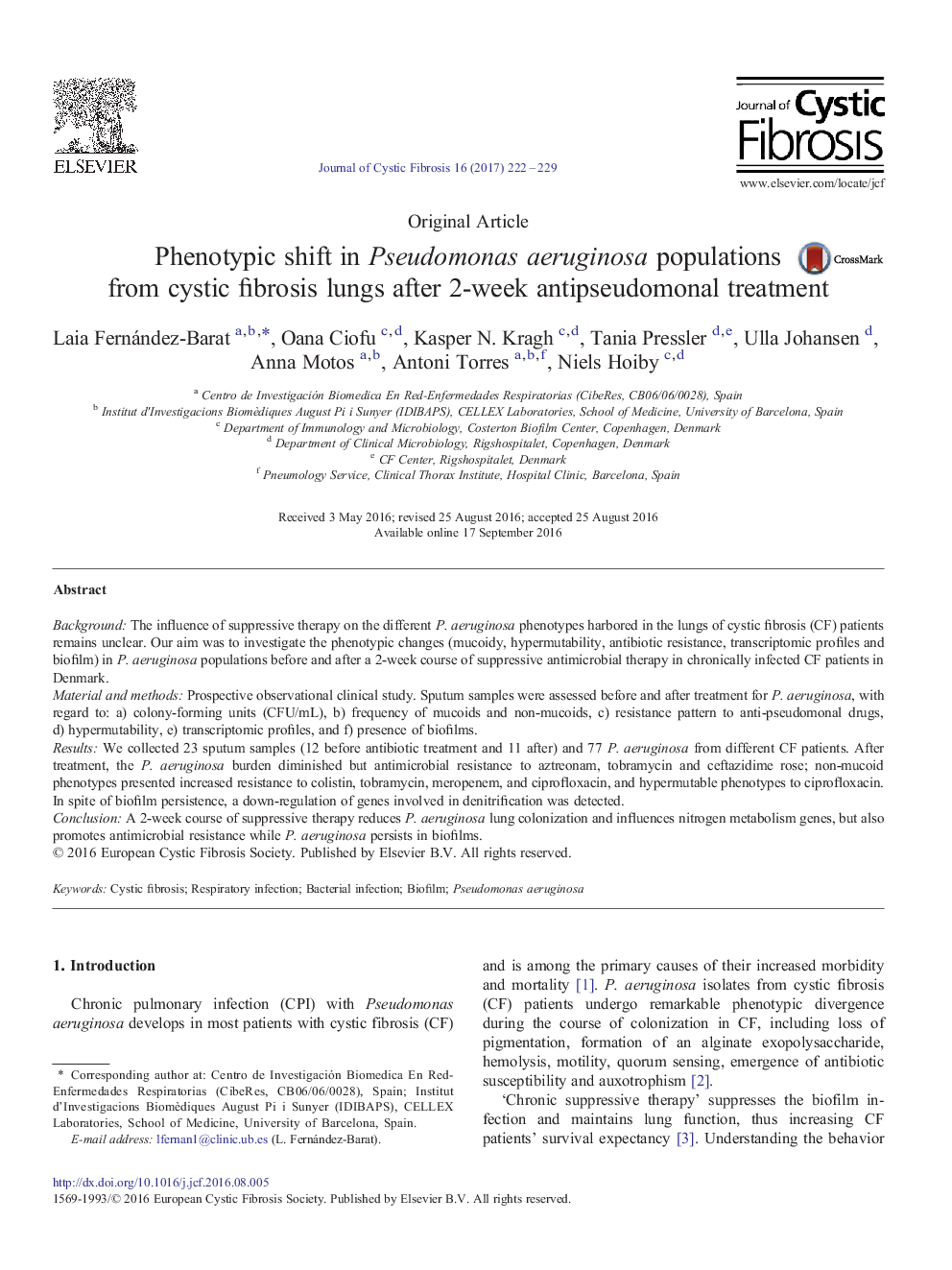 Original ArticlePhenotypic shift in Pseudomonas aeruginosa populations from cystic fibrosis lungs after 2-week antipseudomonal treatment