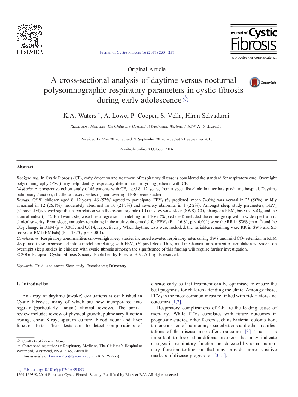 Original ArticleA cross-sectional analysis of daytime versus nocturnal polysomnographic respiratory parameters in cystic fibrosis during early adolescence