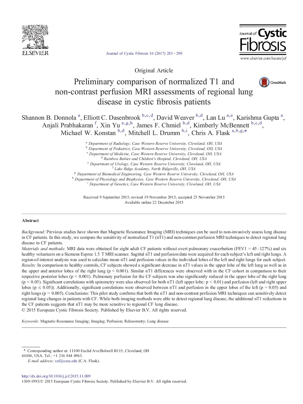 Original ArticlePreliminary comparison of normalized T1 and non-contrast perfusion MRI assessments of regional lung disease in cystic fibrosis patients