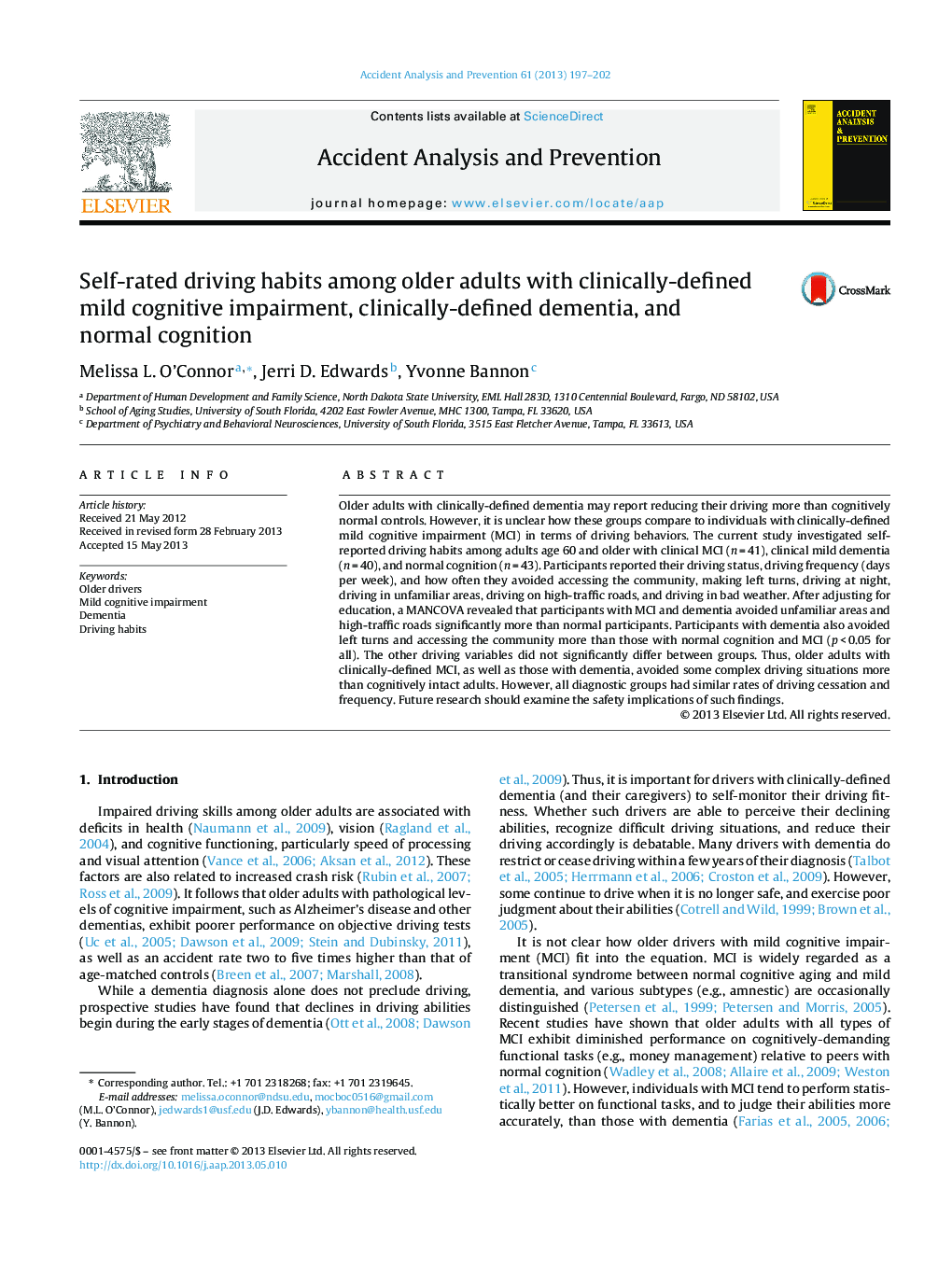 Self-rated driving habits among older adults with clinically-defined mild cognitive impairment, clinically-defined dementia, and normal cognition