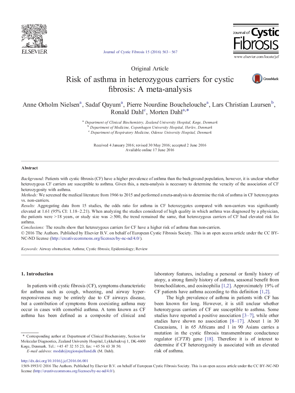 Original ArticleRisk of asthma in heterozygous carriers for cystic fibrosis: A meta-analysis