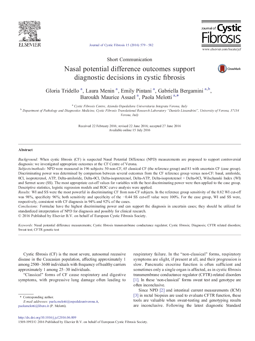 Short CommunicationNasal potential difference outcomes support diagnostic decisions in cystic fibrosis