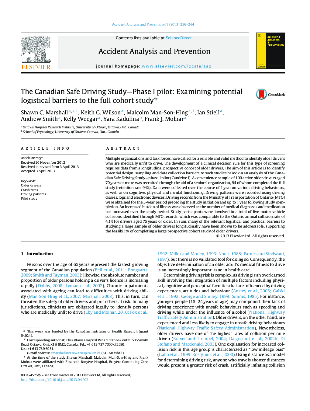 The Canadian Safe Driving Study—Phase I pilot: Examining potential logistical barriers to the full cohort study 