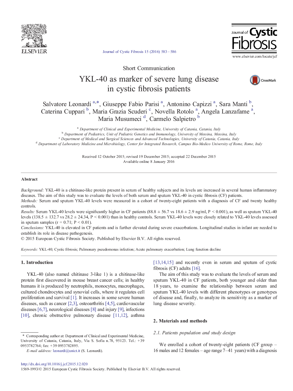 Short CommunicationYKL-40 as marker of severe lung disease in cystic fibrosis patients