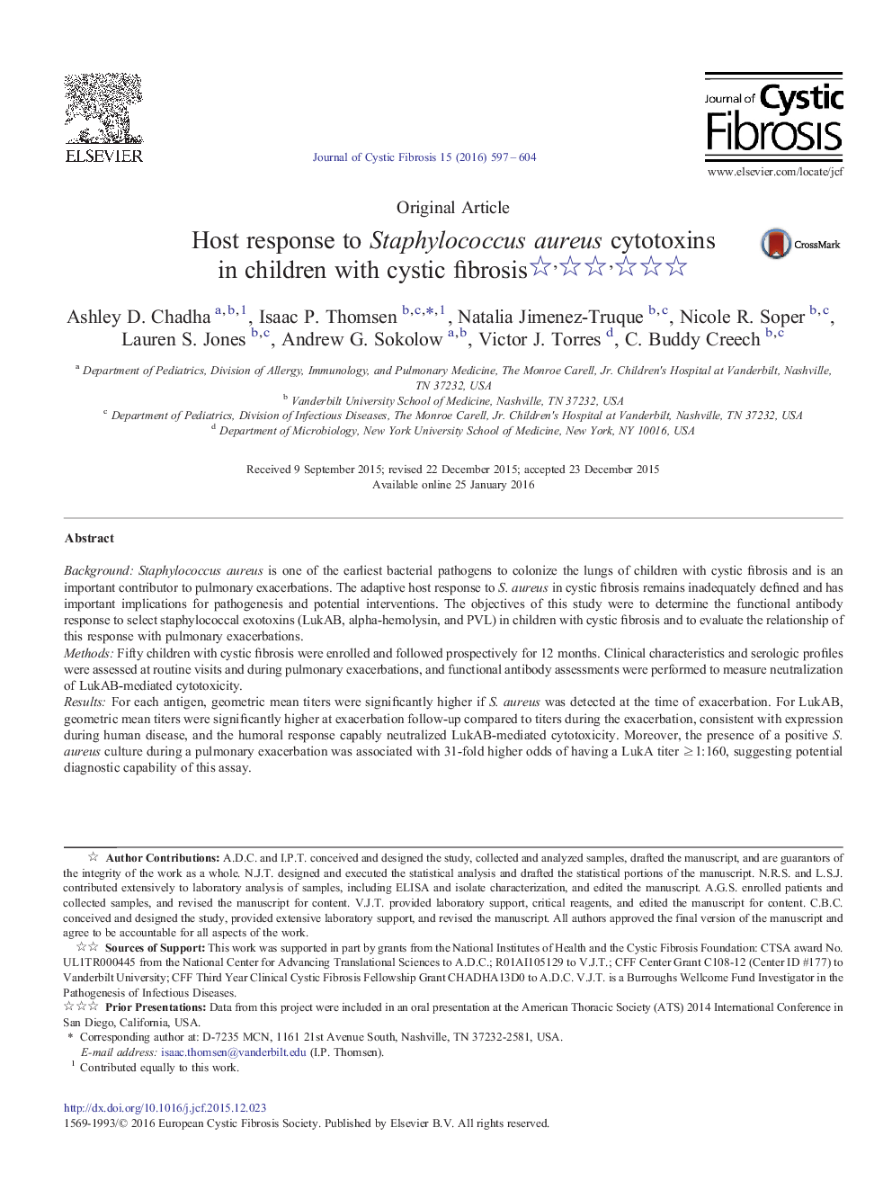 Original ArticleHost response to Staphylococcus aureus cytotoxins in children with cystic fibrosis