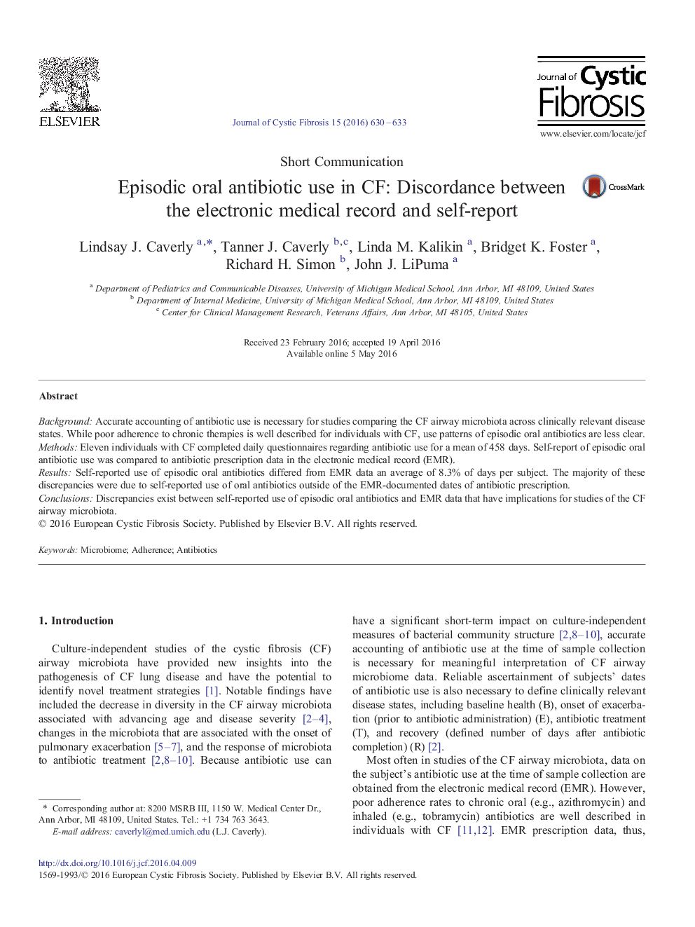 Short CommunicationEpisodic oral antibiotic use in CF: Discordance between the electronic medical record and self-report