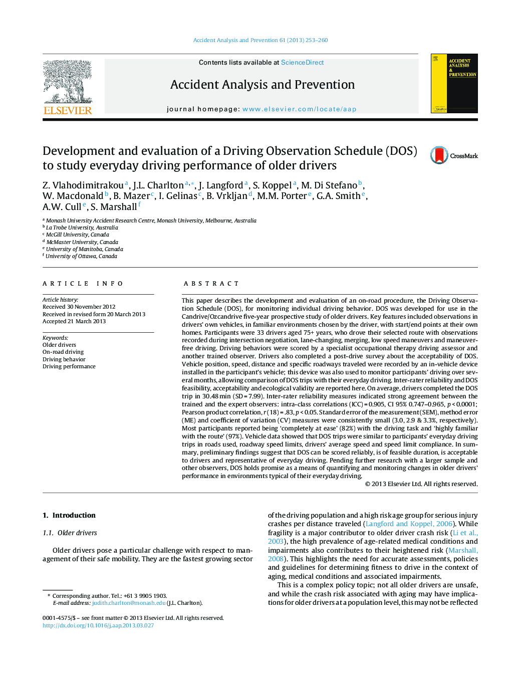 Development and evaluation of a Driving Observation Schedule (DOS) to study everyday driving performance of older drivers