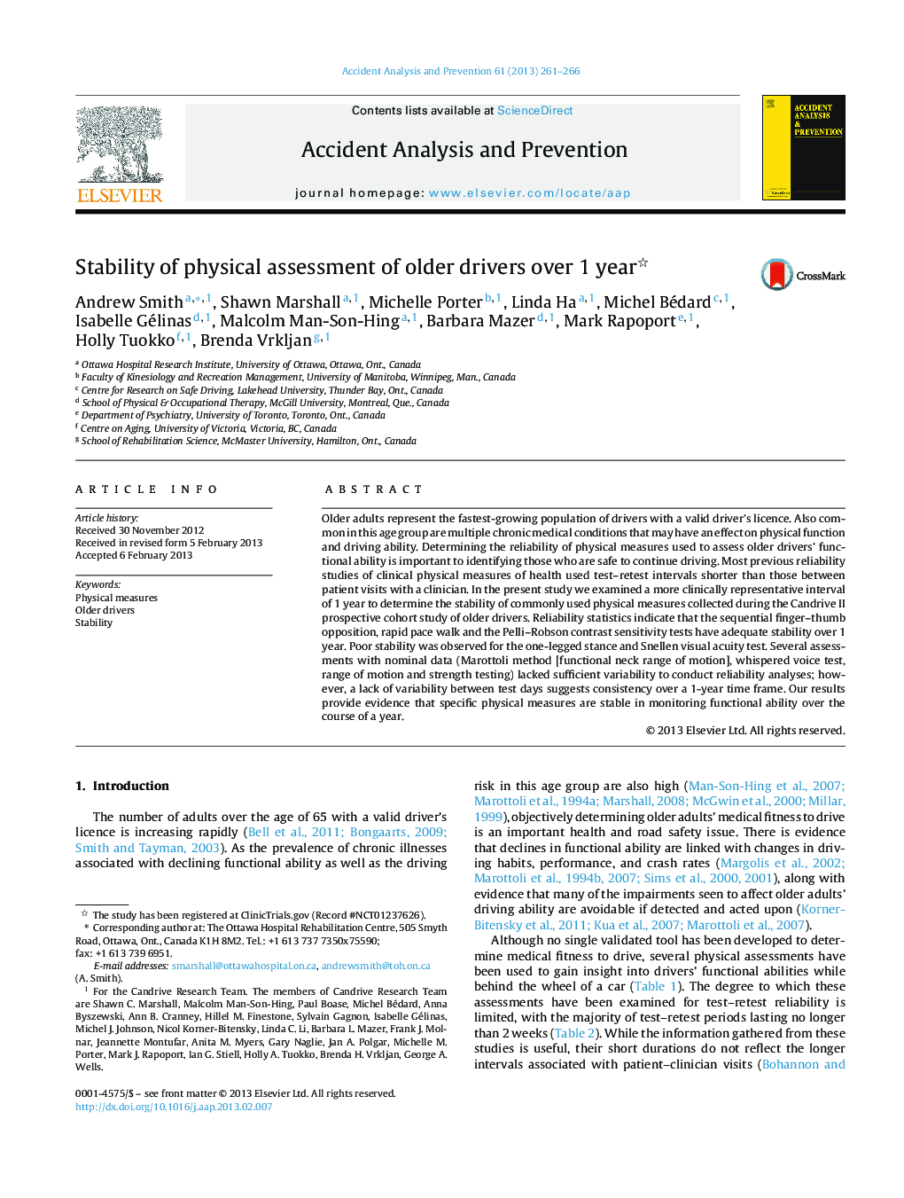 Stability of physical assessment of older drivers over 1 year 