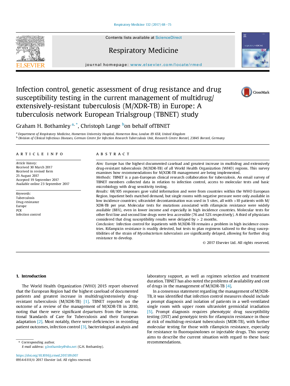 Infection control, genetic assessment of drug resistance and drug susceptibility testing in the current management of multidrug/extensively-resistant tuberculosis (M/XDR-TB) in Europe: A tuberculosis network European Trialsgroup (TBNET) study