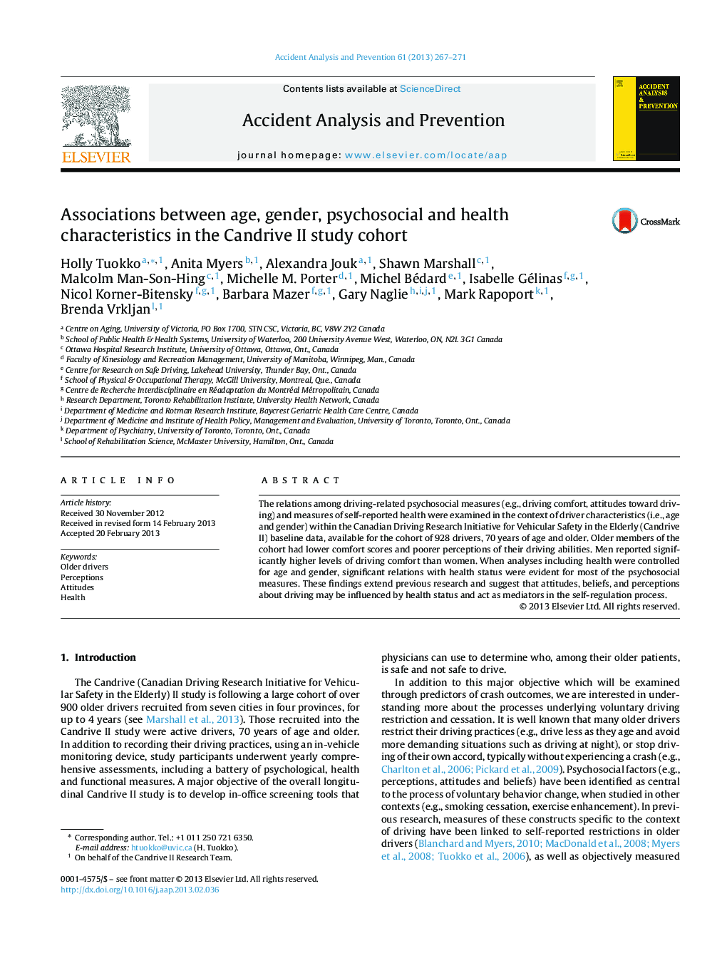 Associations between age, gender, psychosocial and health characteristics in the Candrive II study cohort