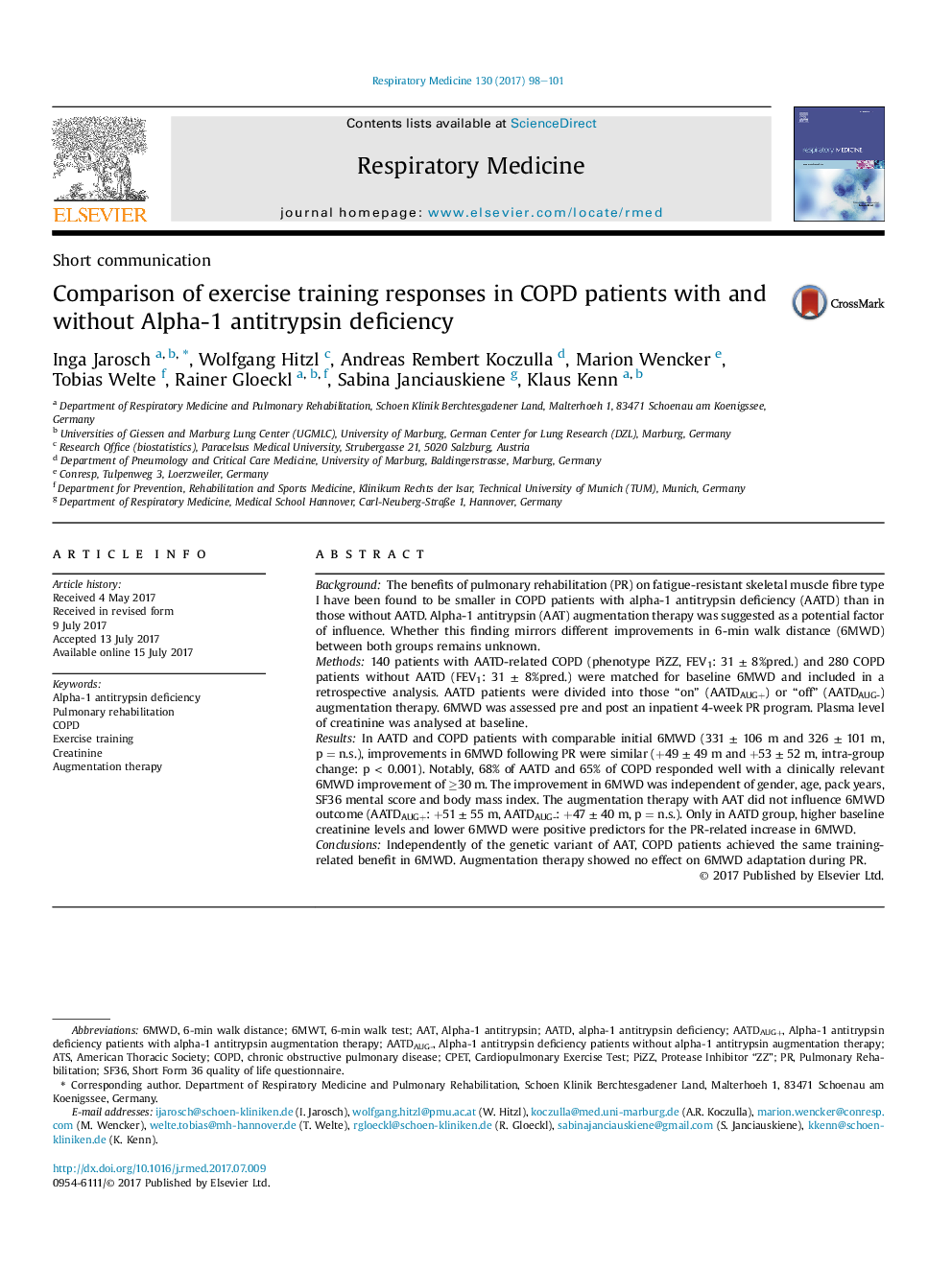 Short communicationComparison of exercise training responses in COPD patients with and without Alpha-1 antitrypsin deficiency