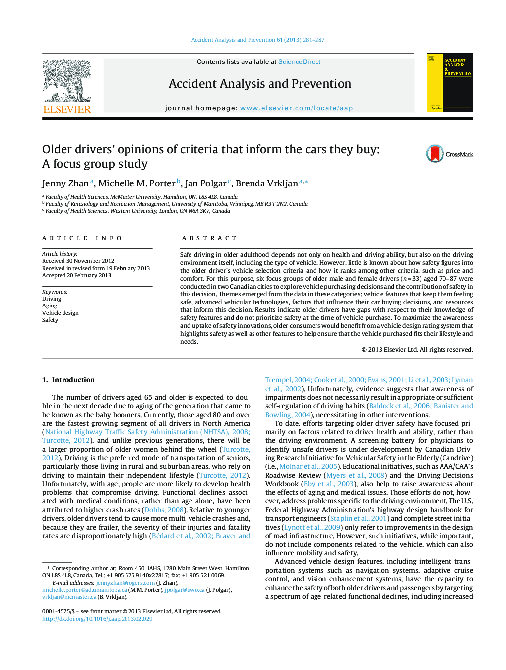 Older drivers’ opinions of criteria that inform the cars they buy: A focus group study