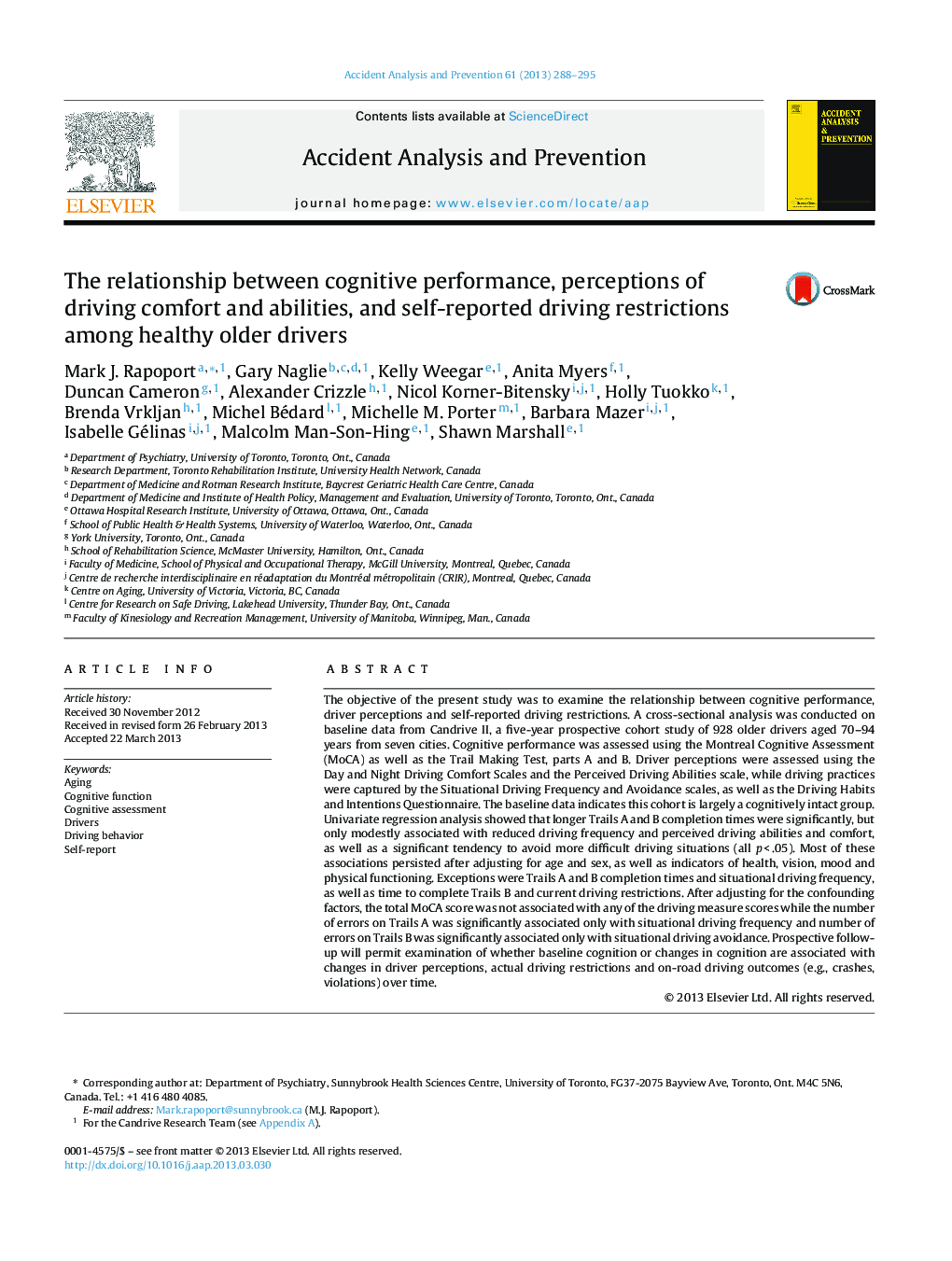 The relationship between cognitive performance, perceptions of driving comfort and abilities, and self-reported driving restrictions among healthy older drivers