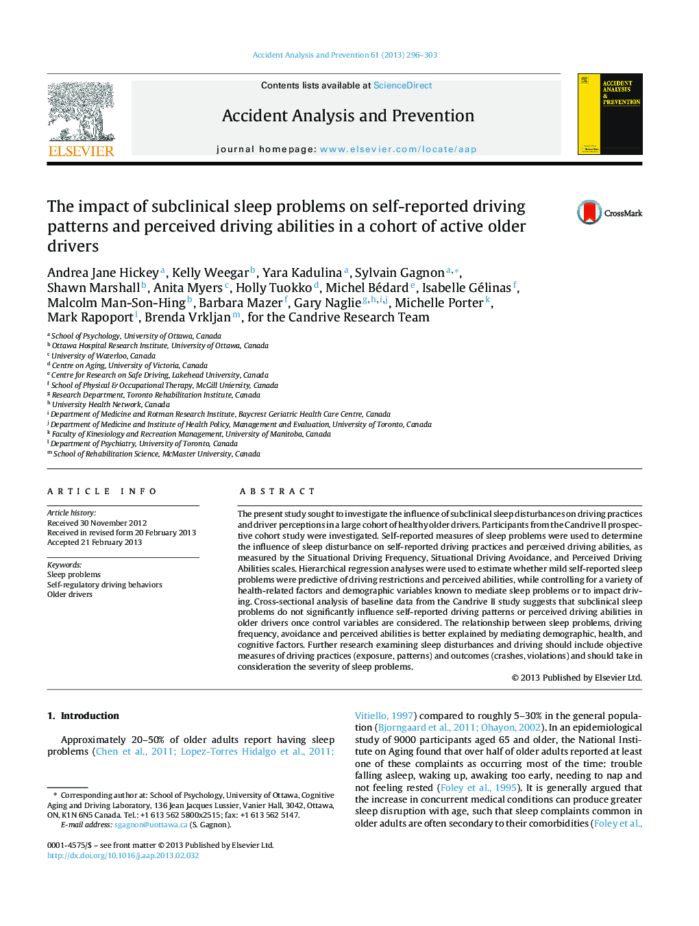 The impact of subclinical sleep problems on self-reported driving patterns and perceived driving abilities in a cohort of active older drivers