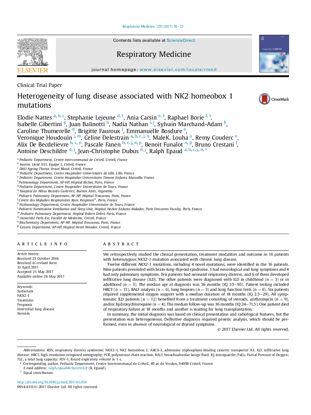 Clinical Trial PaperHeterogeneity of lung disease associated with NK2 homeobox 1 mutations