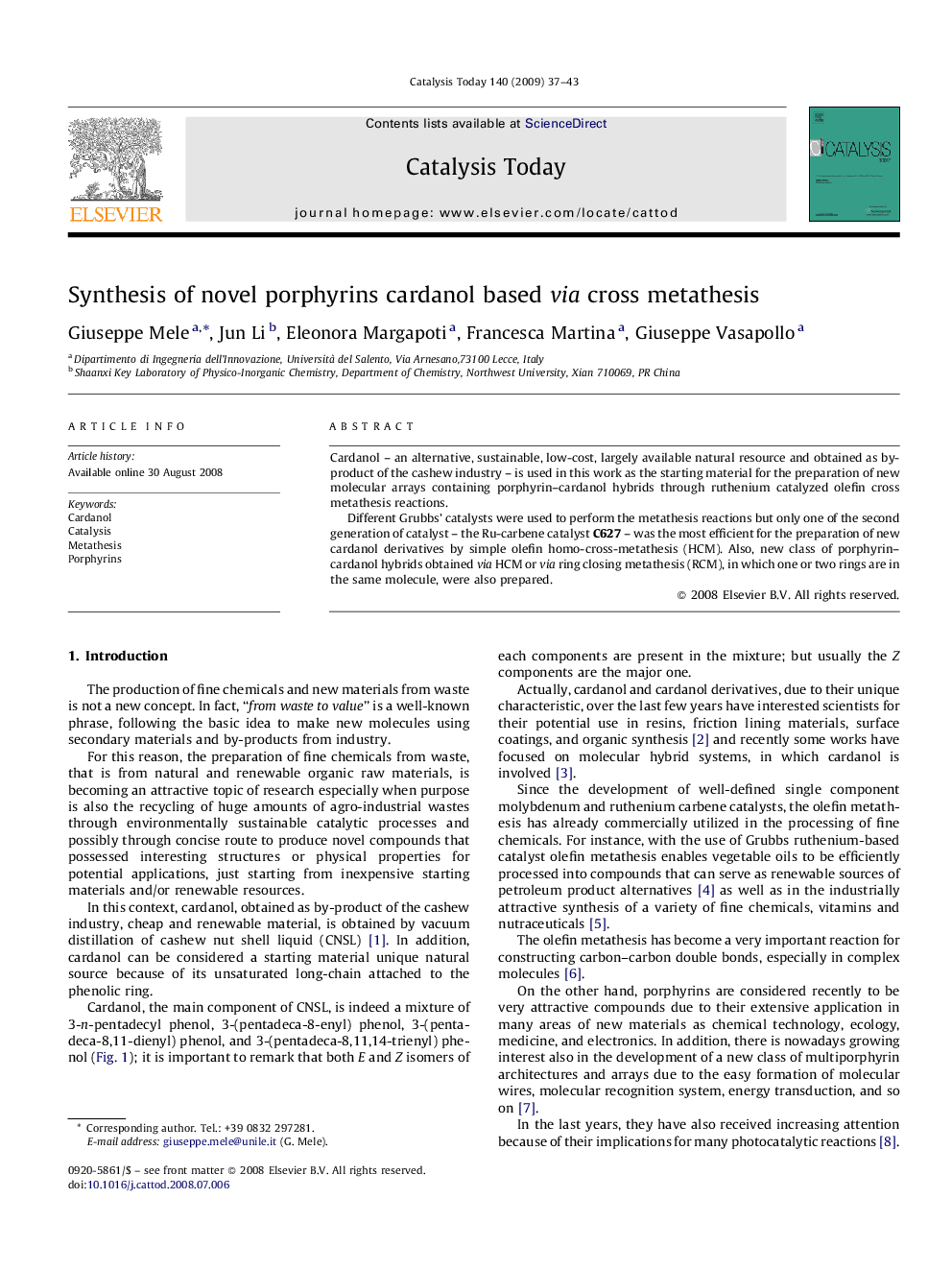 Synthesis of novel porphyrins cardanol based via cross metathesis