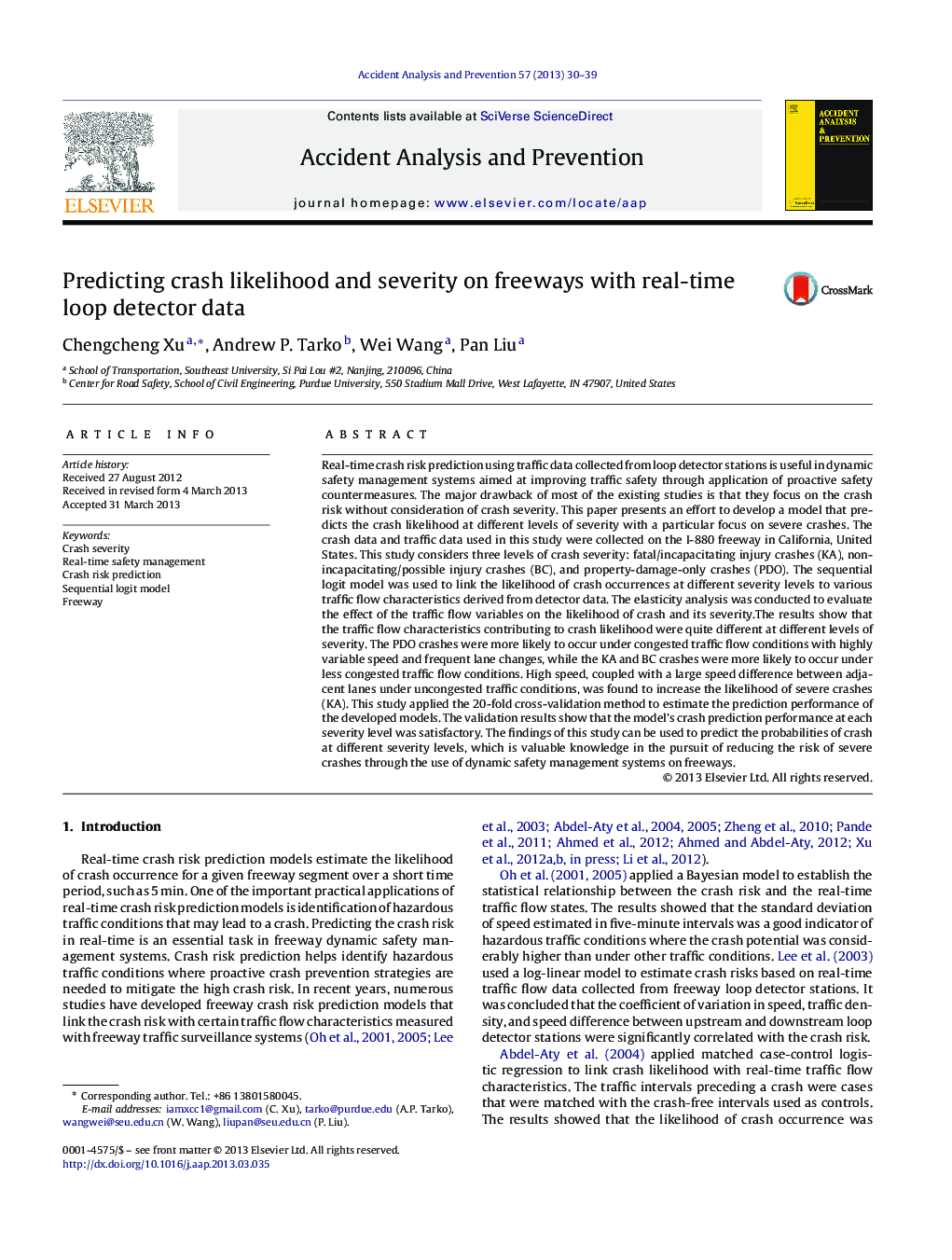 Predicting crash likelihood and severity on freeways with real-time loop detector data