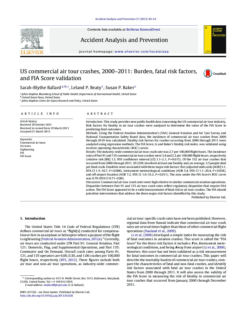 US commercial air tour crashes, 2000–2011: Burden, fatal risk factors, and FIA Score validation