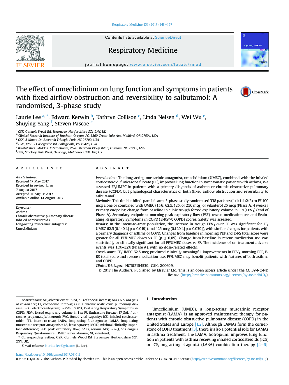 The effect of umeclidinium on lung function and symptoms in patients with fixed airflow obstruction and reversibility to salbutamol: A randomised, 3-phase study