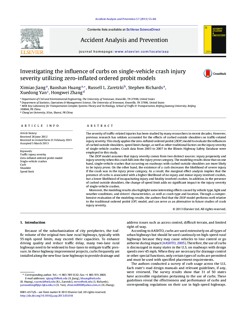 Investigating the influence of curbs on single-vehicle crash injury severity utilizing zero-inflated ordered probit models