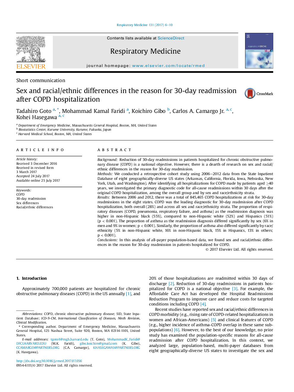 Short communicationSex and racial/ethnic differences in the reason for 30-day readmission after COPD hospitalization