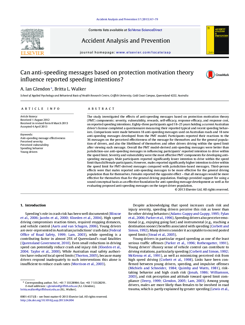 Can anti-speeding messages based on protection motivation theory influence reported speeding intentions?