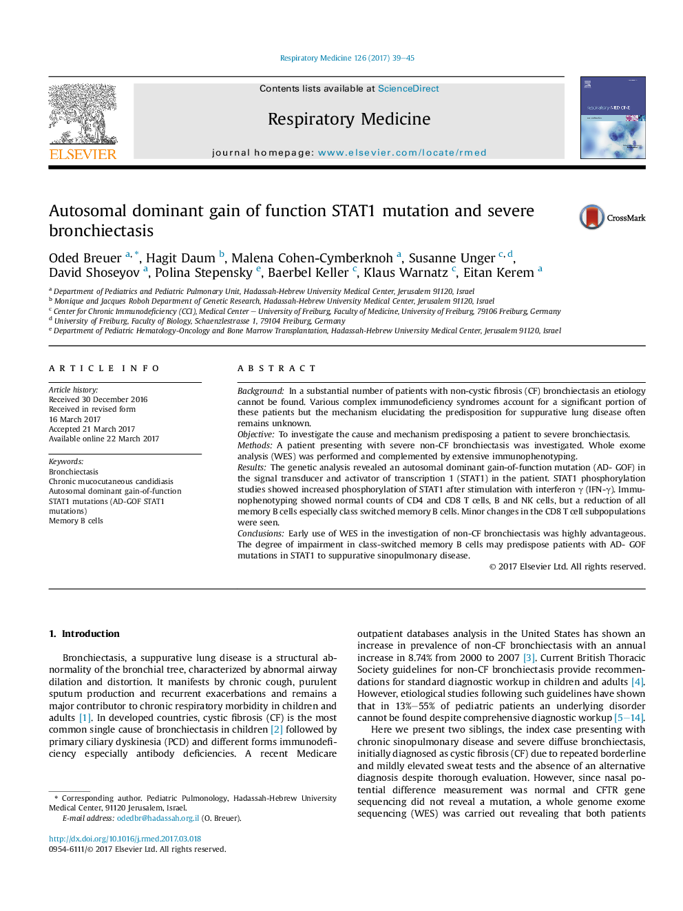 Autosomal dominant gain of function STAT1 mutation and severe bronchiectasis